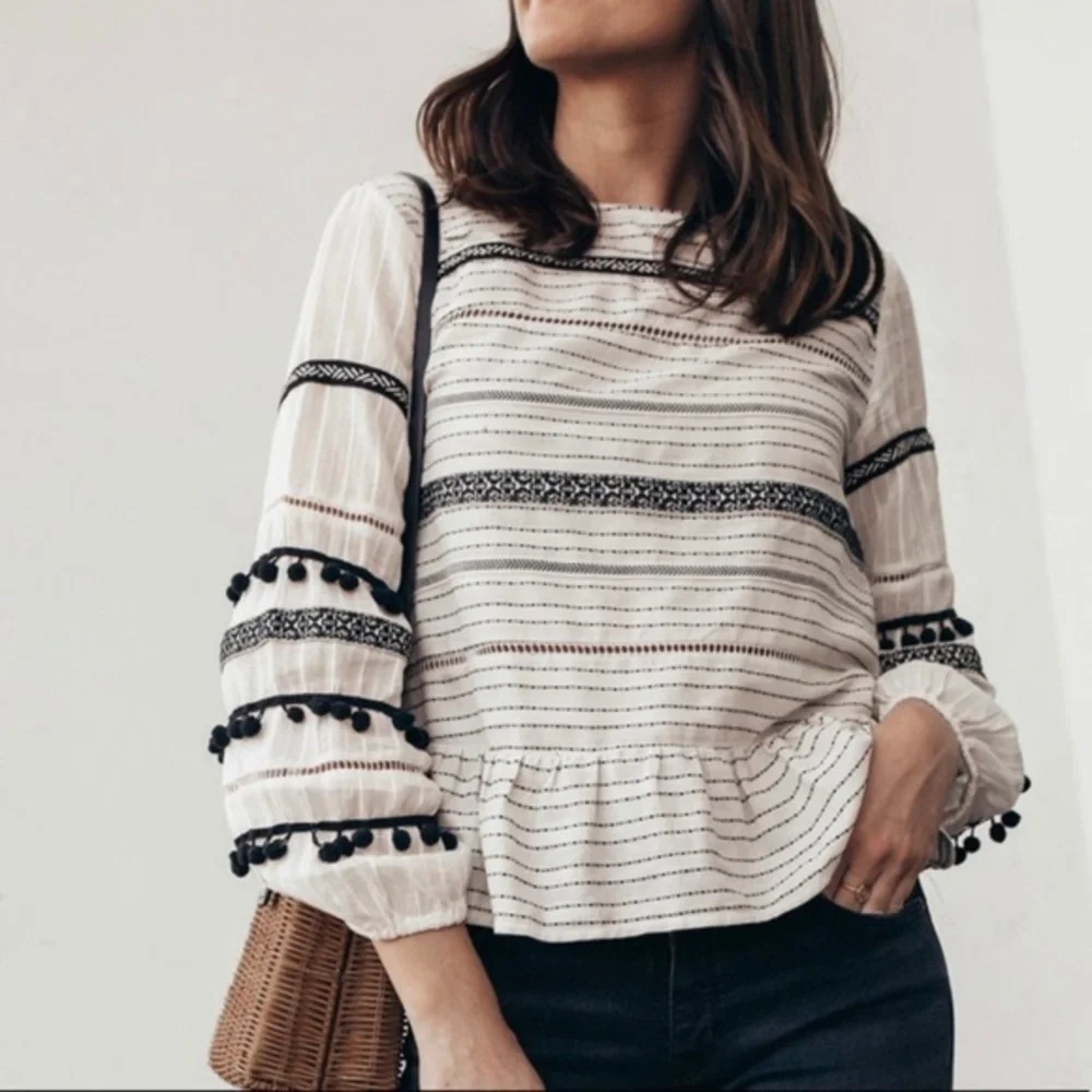 Zara Pom Pom Puff Sleeve Cotton Peasant Blouse